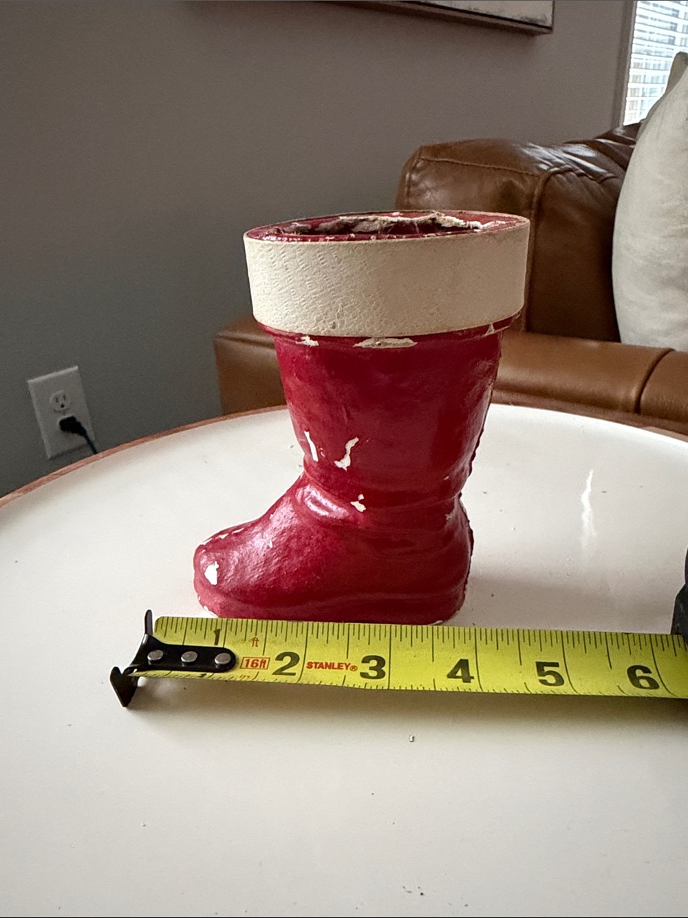 BOOT11 Rare German Red Paper Mache or Pulp Santa Boot Gift & Candy Vessel